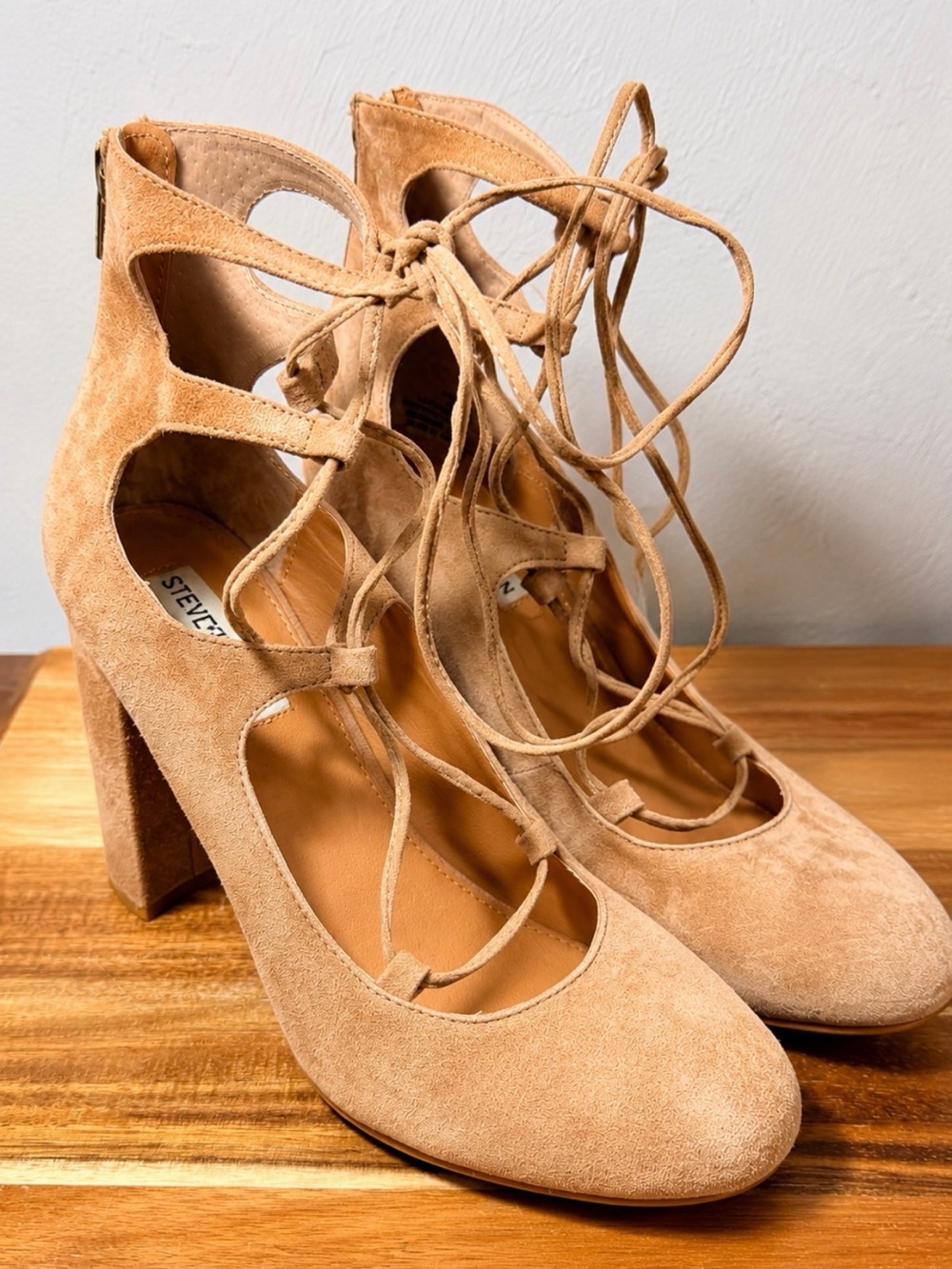 Steve Madden Beige/Tan Suede Lace-Up Block Heel Pumps - Picture 3 of 15